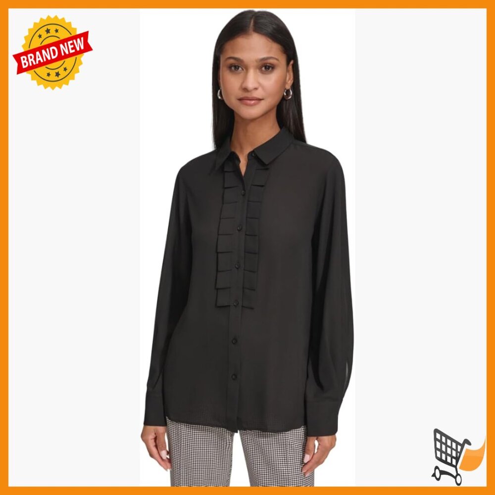 Long Sleeve Collared Ruffle Front Button Down Blo… - image 1